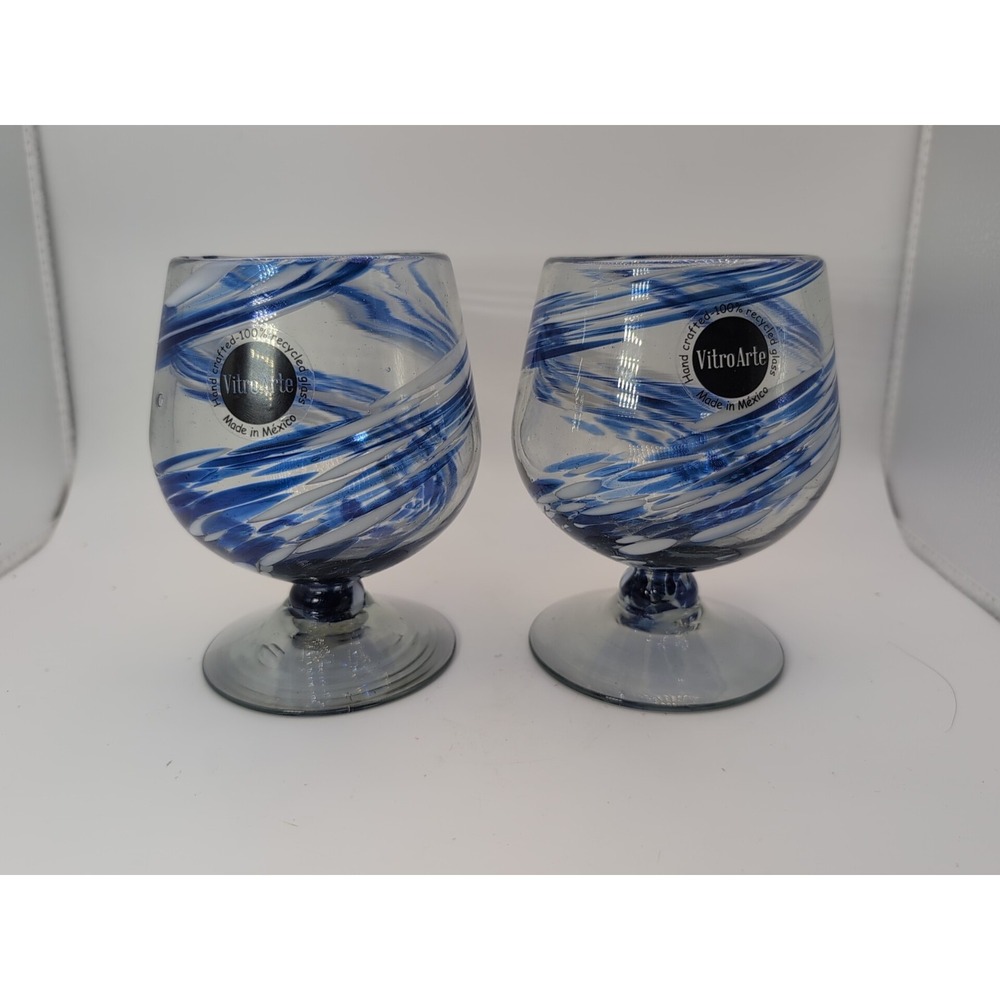 Vitro Arte  Footed Cocktail Brandy Snifter Blue & White Swirl NEW 2ea Barware